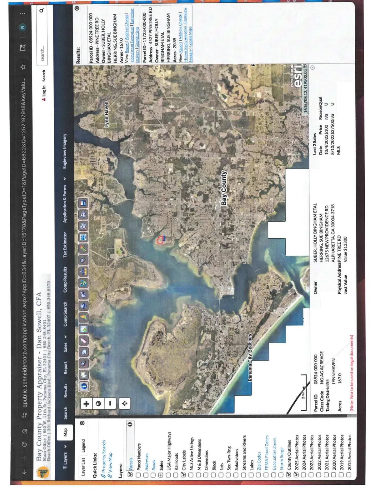 Wide aerial map of Bay County showing Goose Bayou location